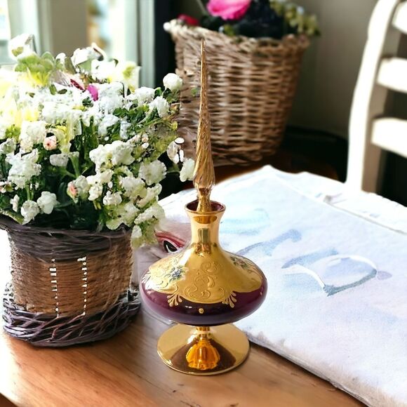Ardalt Italy Perfume Bottle Amethyst Glass Stopper Lenwile Gold Painted Vintage. - Picture 16 of 16